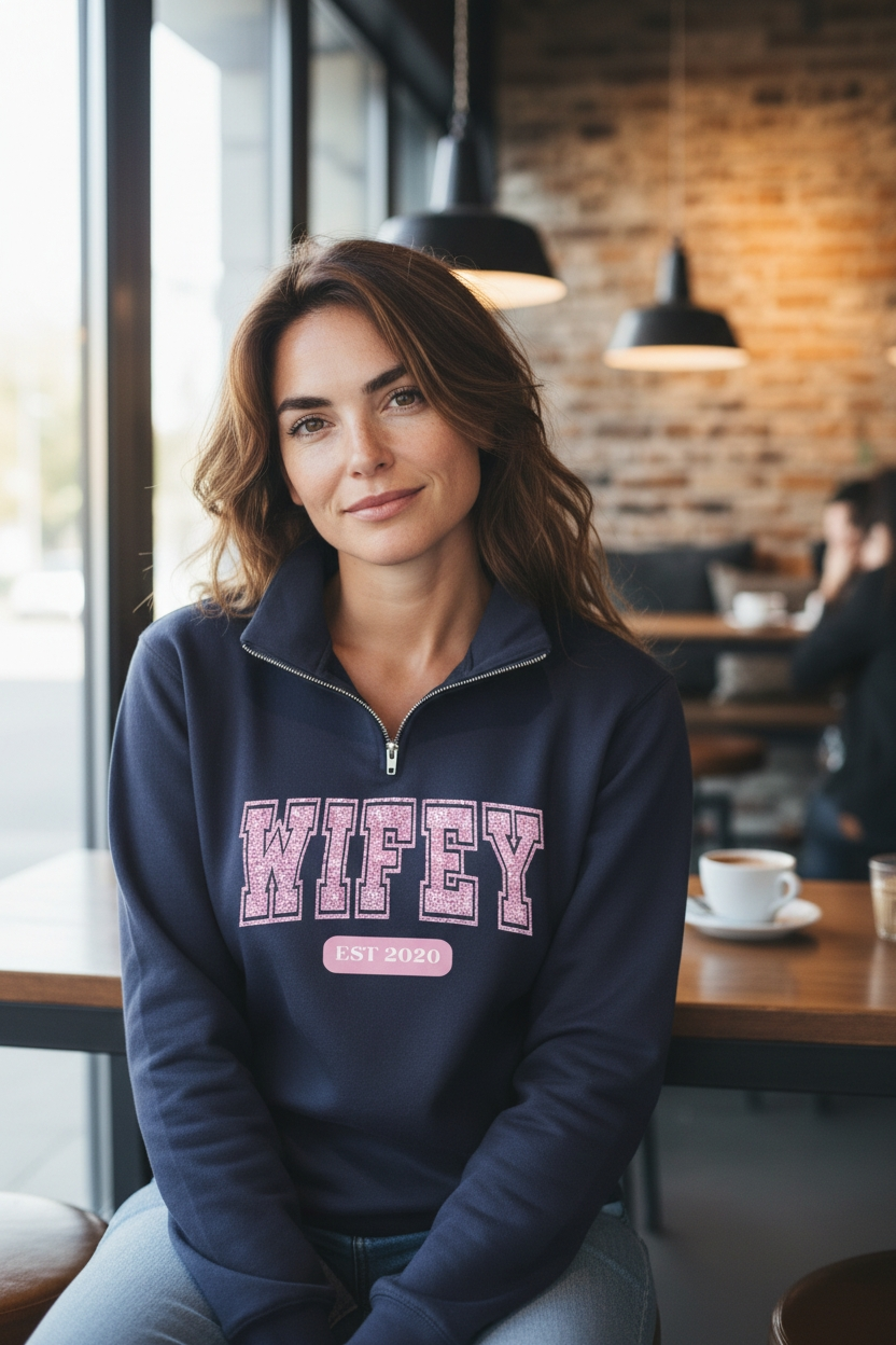 Black Quarter Zip with Sparkly Pink Wifey